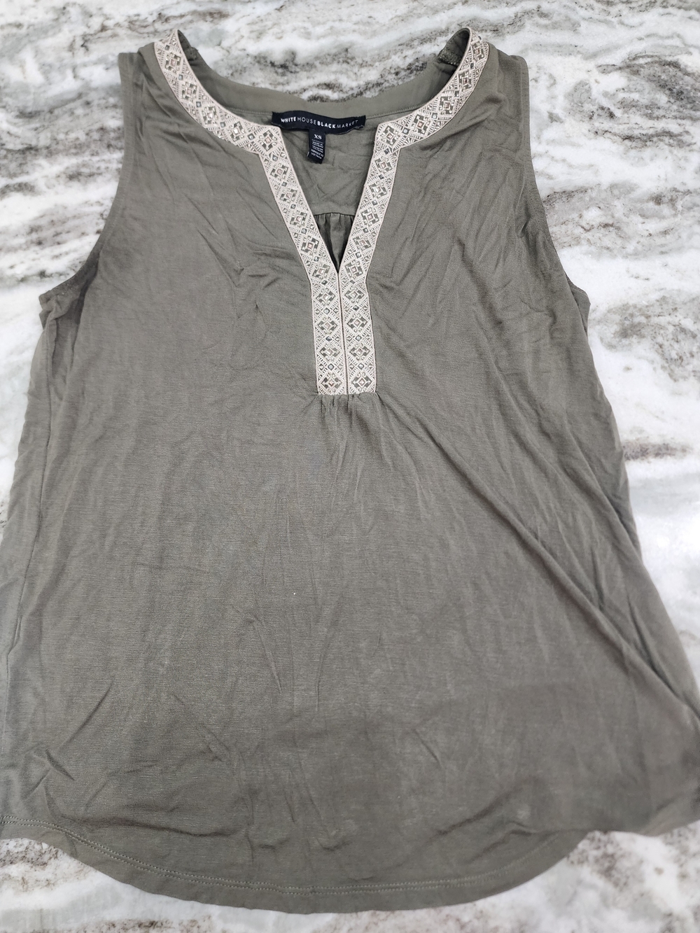 White House Black Market Olive Sleeveless Tank with Cream Embroidered Neckline